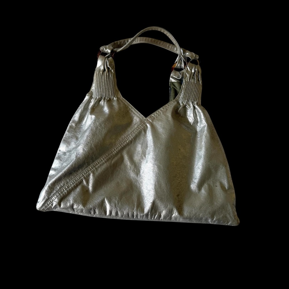 Y2K Ananas Metallic Silver Leather Hobo Bag Asymmetrical Pleated Wood Ring